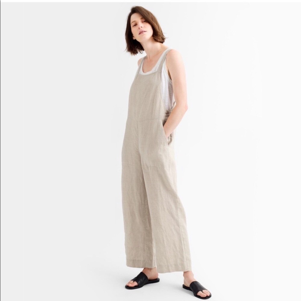 Eileen Fisher Organic Linen Jumpsuit Overalls Wide Leg Relaxed Tan Khaki Small